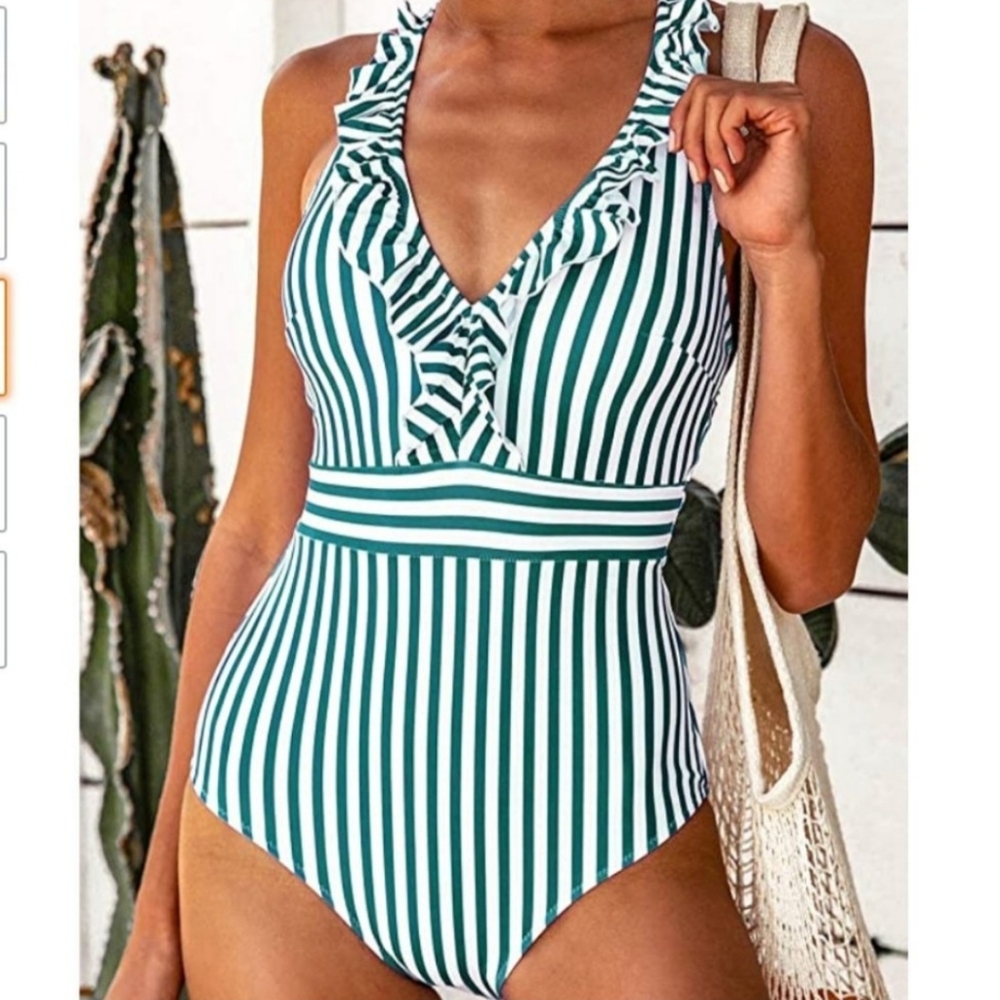 White and Green striped with neckline ruffle, one piece.